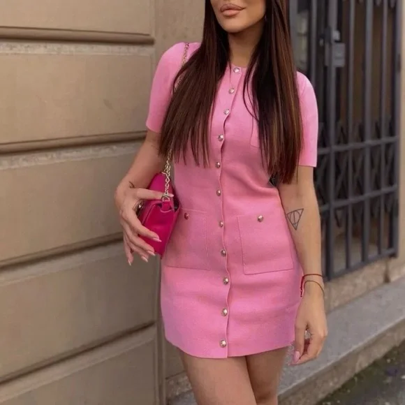 Zara gold button knit mini dress pink - Picture 1 of 12